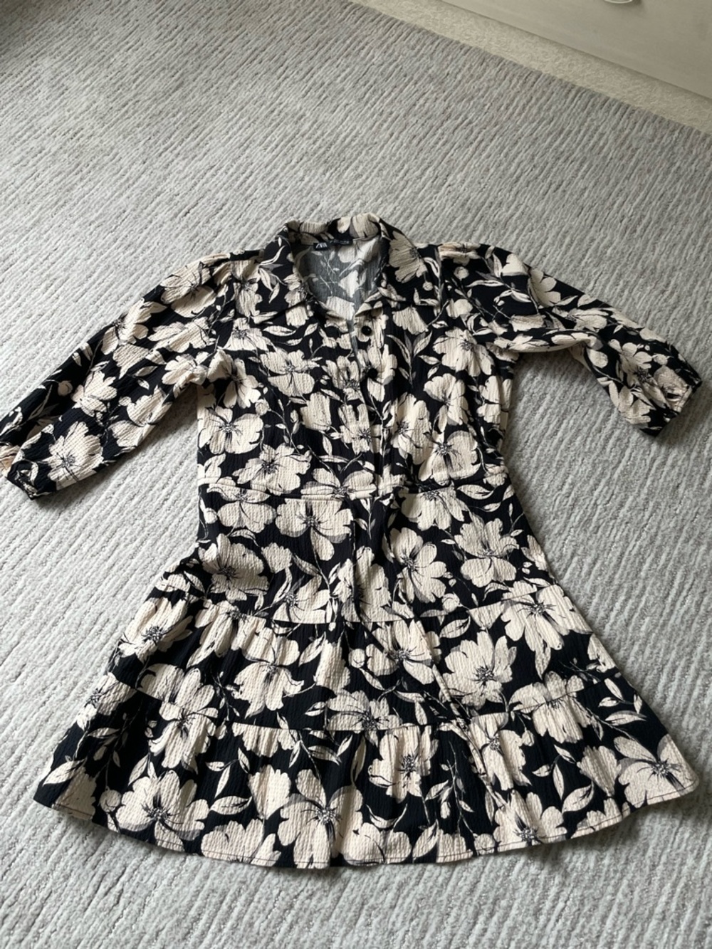 Zara Black and Cream Floral Mini Dress